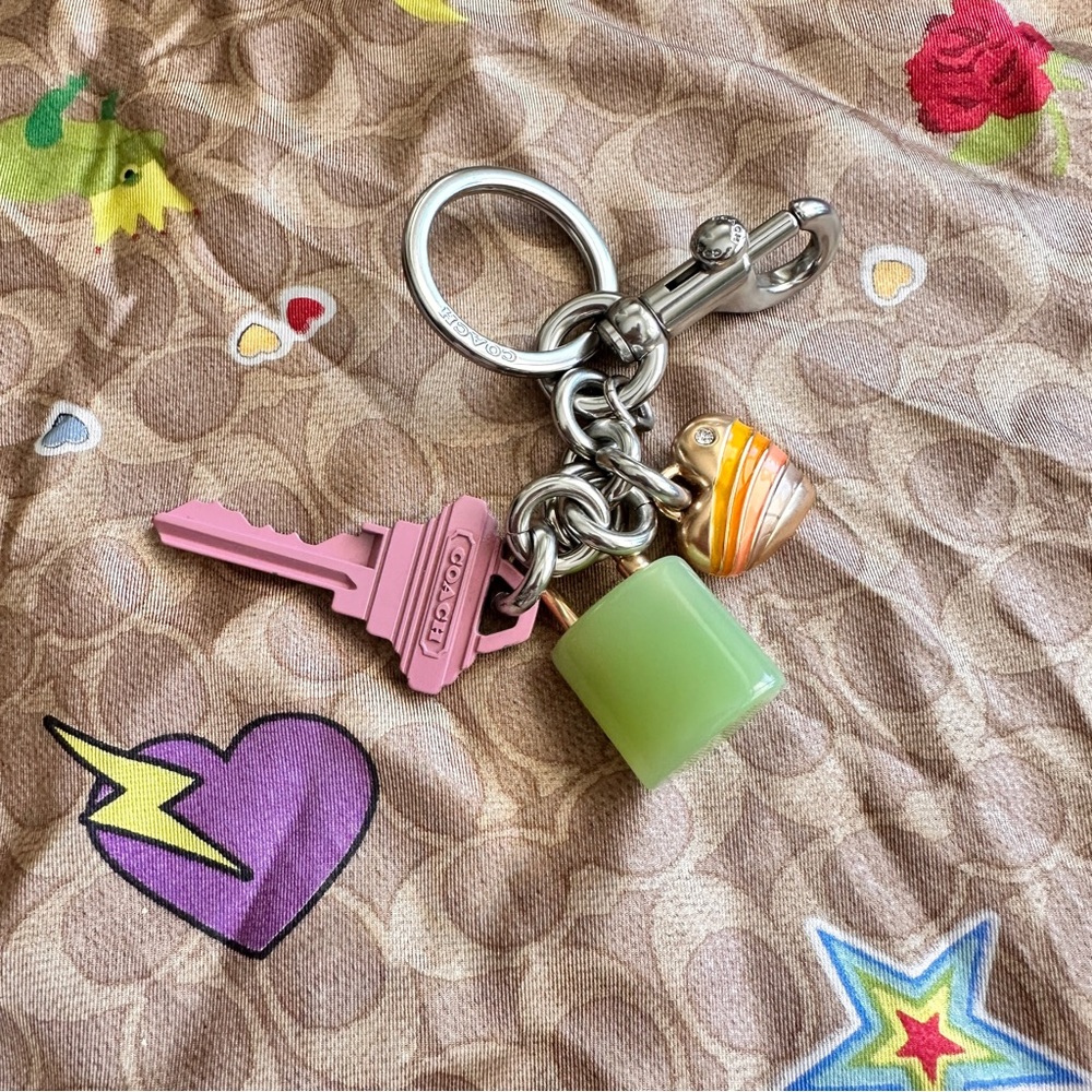 Coach Key Cluster Bag Charm Pink and Green Keychain with Heart Charm